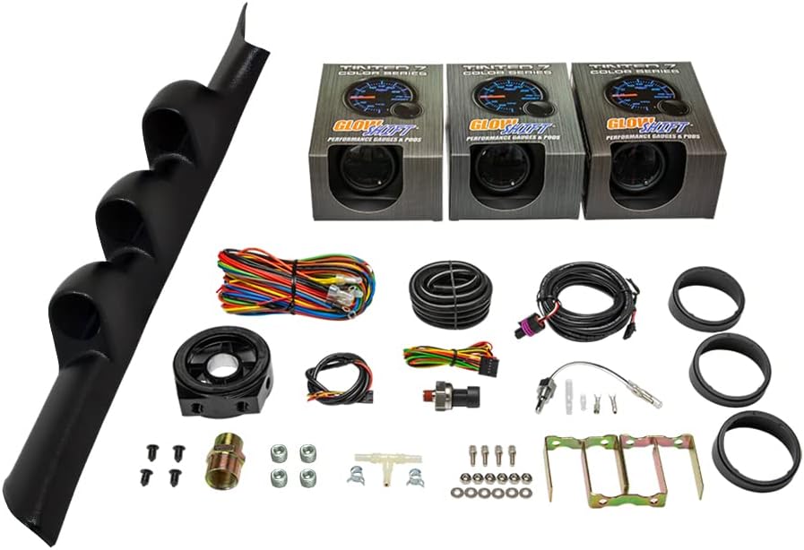 Tinted 7 Color 30 PSI Boost/Vacuum, 100 PSI Oil Pressure & Oil Temperature Gauges, Black Triple Pillar Pod O218427