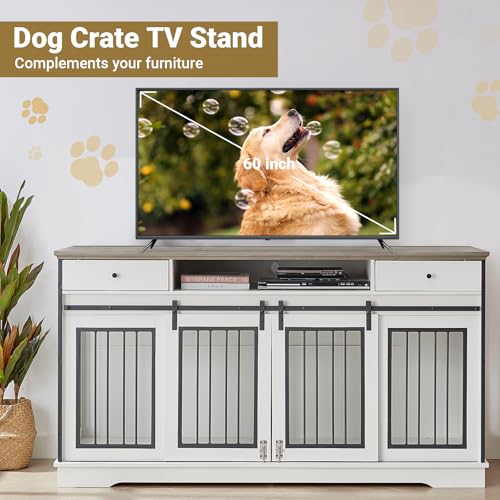 75'' Double Dog Crate Furniture with Double Door Grey P8357