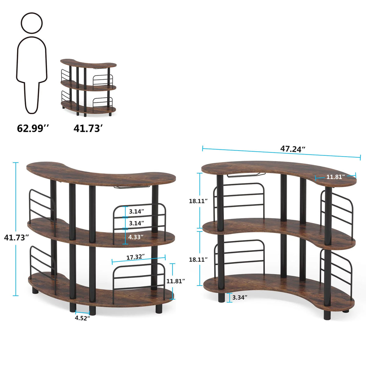 Rustic Brown 3 Tier Wine Bar Cabinet with Storage Shelves Z33553