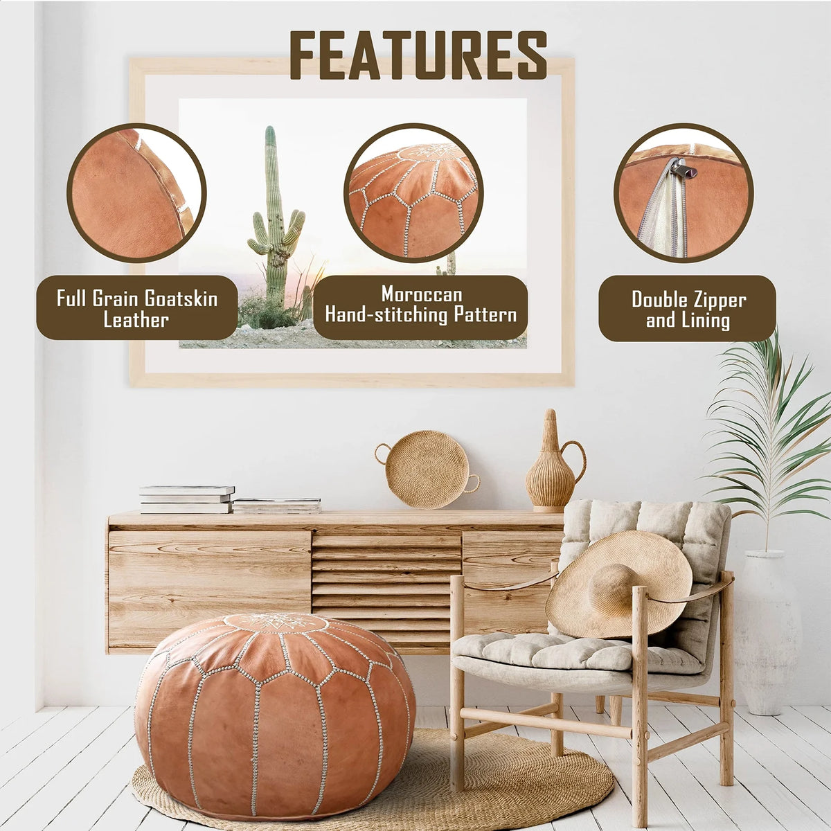 Genuine Leather Moroccan Ottoman Pouf Footstool C238273