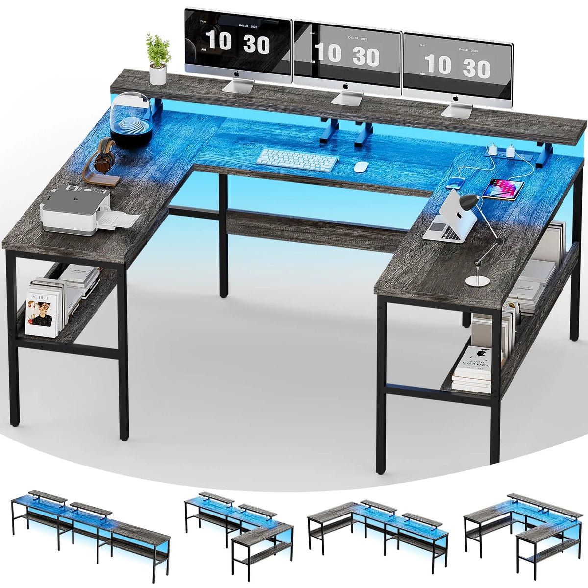 Black Oak U-Shaped Computer Desk with Power Outlets and LED Lights E8200